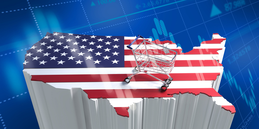 US Retail Industry Readies Itself For Legislative Challenges In 2024   Shopping Cart On The Background Of The Flag Of The United States 