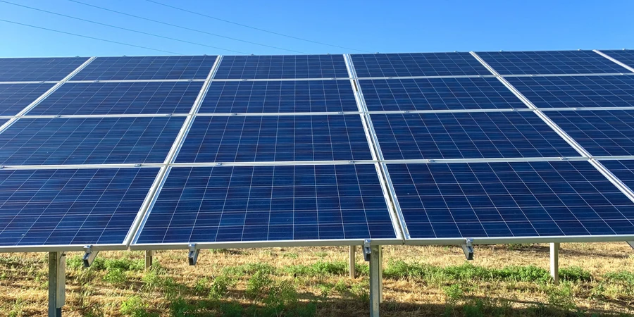 Solar panels in field for clean, renewable energy