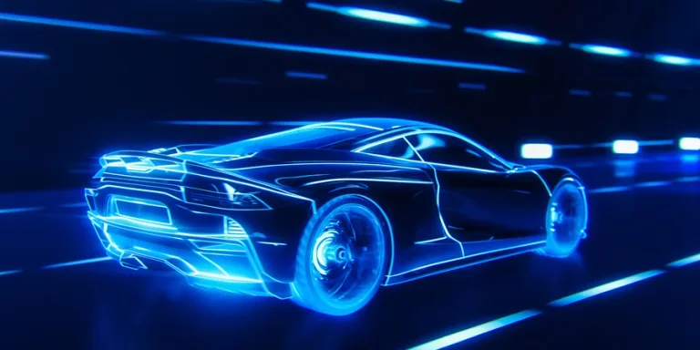 Суперкар из синих линий быстро движется по шоссе