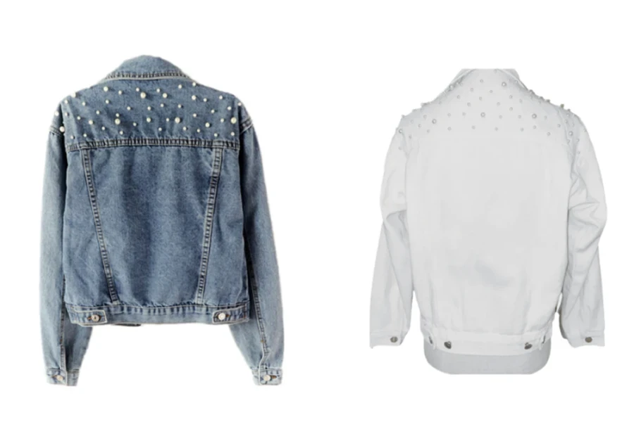 Mujer Denim nupcial perlas rebordear moda Jean Pearl Jacket