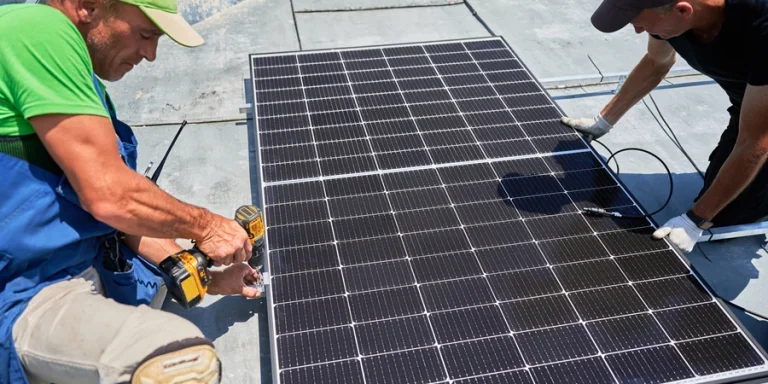 Workers building photovoltaic solar panel system on metal rooftop of house