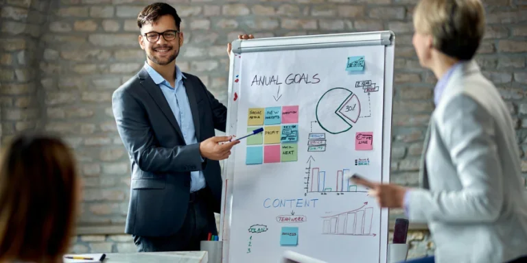 Young manager holding a presentation about new business ideas