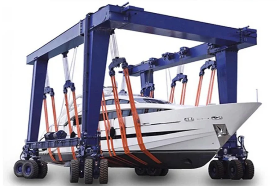 a 16-wheeled boat hoist with an 800-ton lift capacity