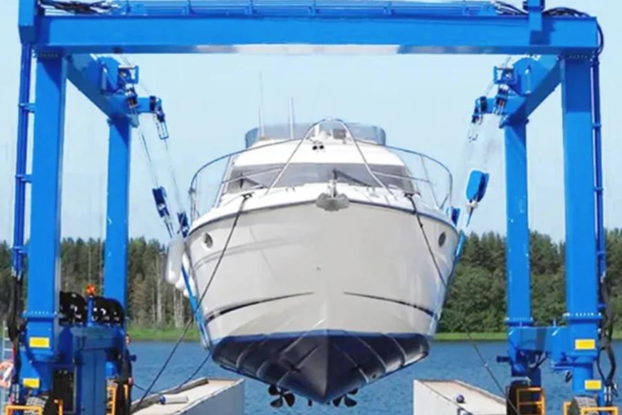a 900-ton boat gantry raising a boat from a lifting well