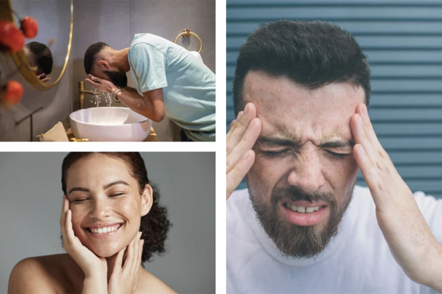 Ein Mann wäscht sein Gesicht, ein Mann hat Kopfschmerzen und eine Frau ist glücklich