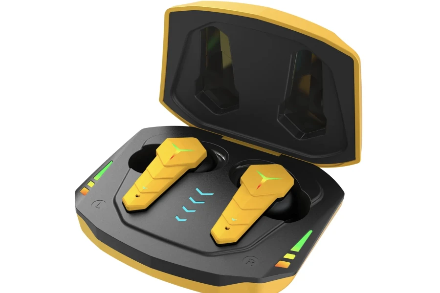 A pair of yellow wireless earbuds for gamers