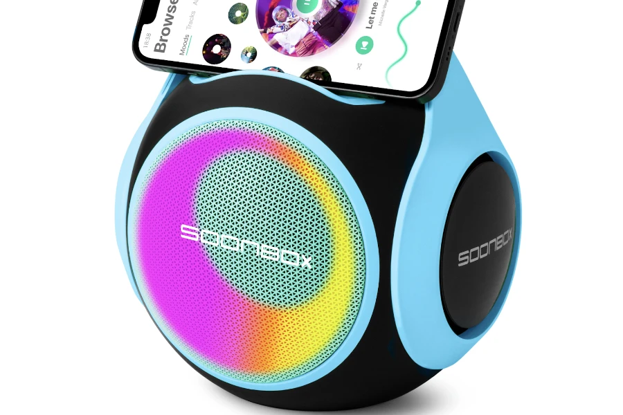 A round, colorful karaoke player