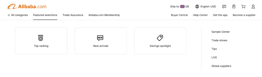 Uno screenshot della barra a discesa delle selezioni in primo piano di Alibaba.com