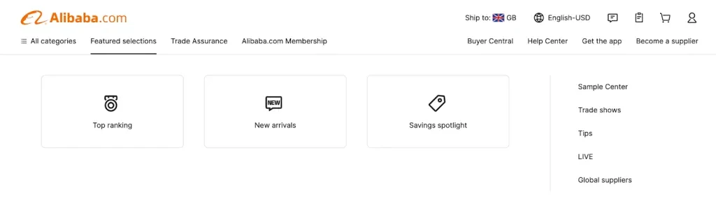 Una captura de pantalla de la barra desplegable de selecciones destacadas de Alibaba.com