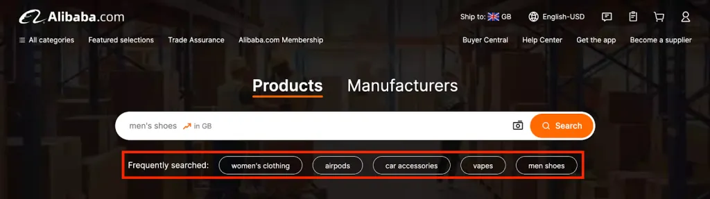 Una captura de pantalla de la barra de productos más buscados de Alibaba.com