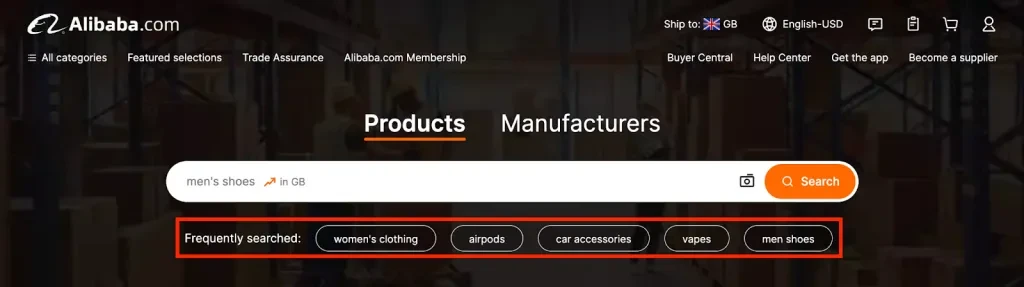 Alibaba.com のよく検索される製品バーのスクリーンショット