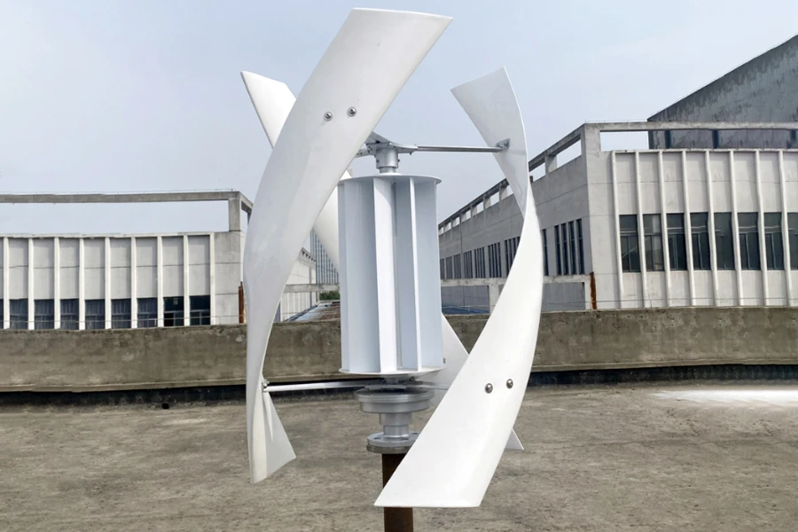 A set of white vertical wind turbines