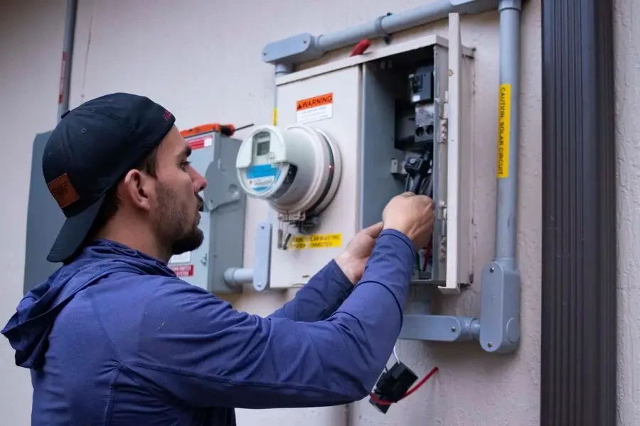 Um técnico conectando um circuito solar