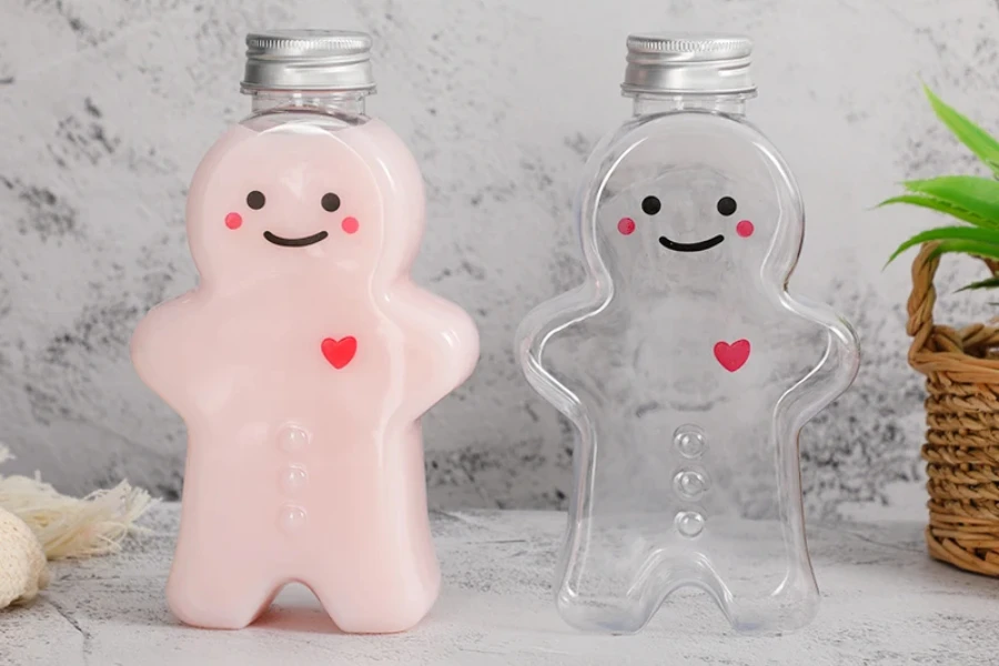 A transparent gingerbread man-shaped bottle with a charming smile