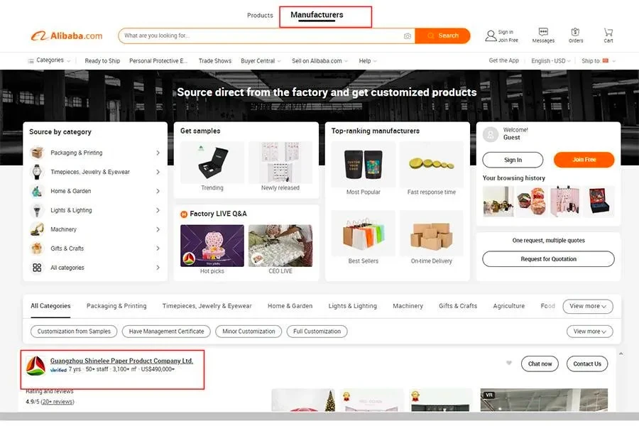 Halaman Alibaba.com menunjukkan cara menelusuri menurut produsen