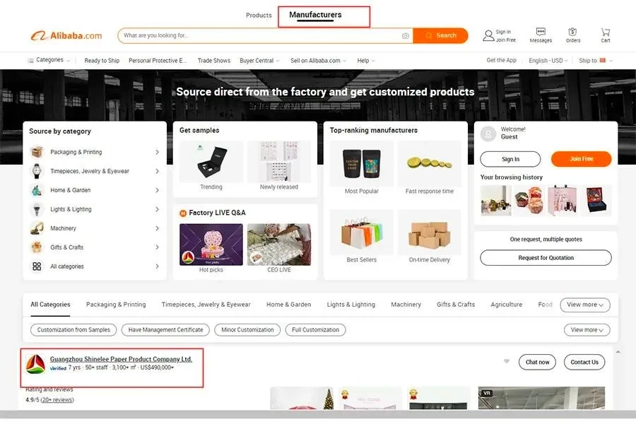 Página Alibaba.com mostrando como navegar pelos fabricantes