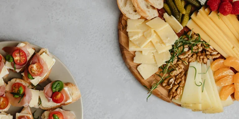 Assorted foods on a charcuterie board