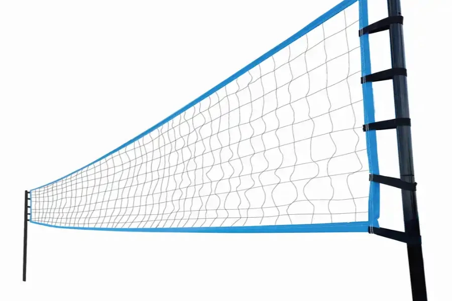 Blue and black volleyball practice net on white background