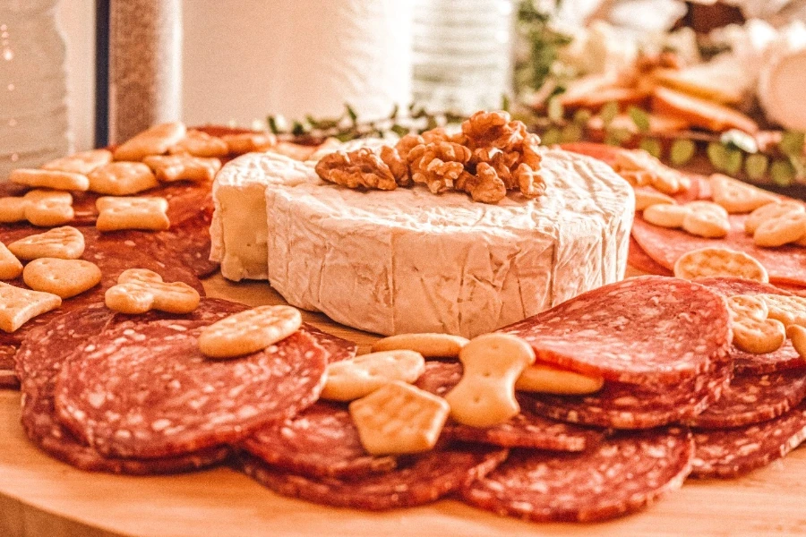 Close-up of meat slices on a charcuterie board