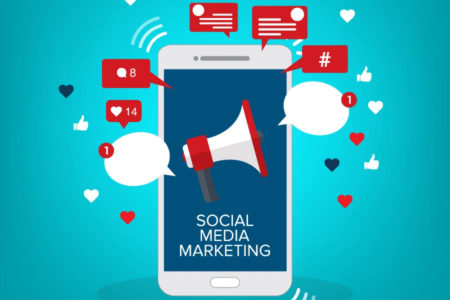 ソーシャル メディア マーケティングのテキストが表示されたスマートフォンのデジタル画像