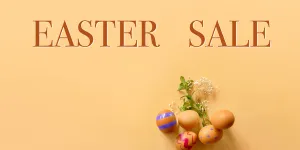 easter eggs with greenery, copy space for text, promo or message