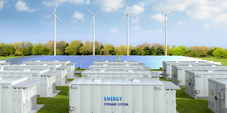 systèmes de stockage d'énergie ou unités de conteneurs de batteries avec ferme solaire et éolienne