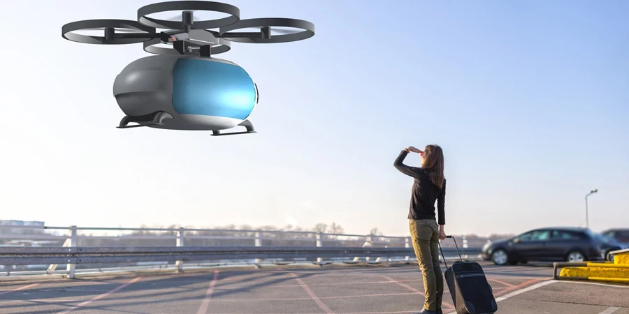 flying transportation drone picking up a passenger