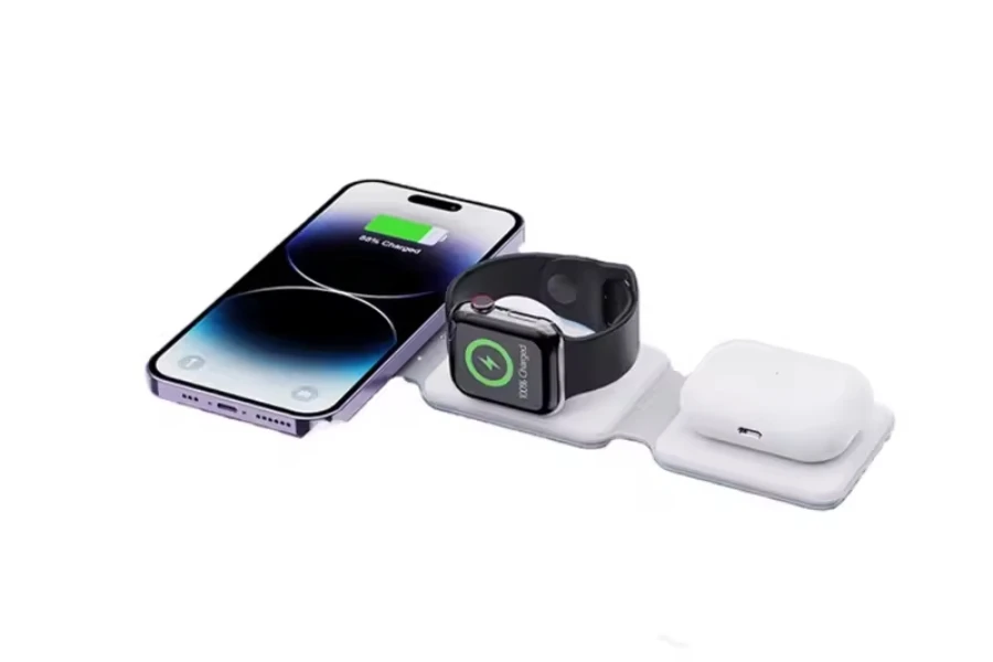 Foldable 3-in-1 charger charging iPhone, AirPods and Apple Watch