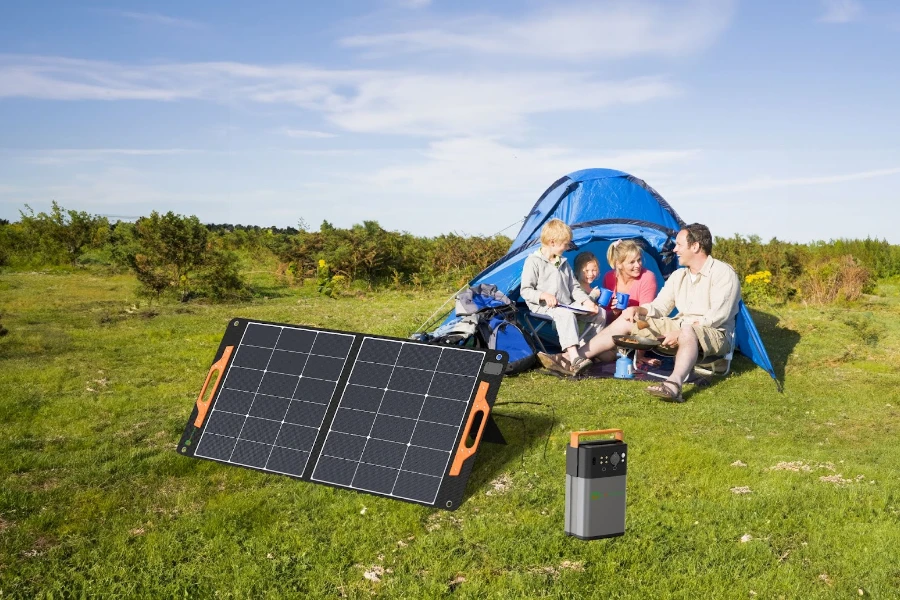 Foldable solar panels charging a portable solar station