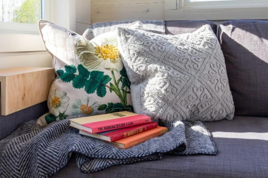 Gray and white chevron print throw on a couch