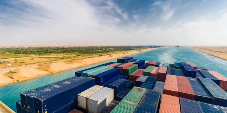 Large container vessel ship passing suez canal