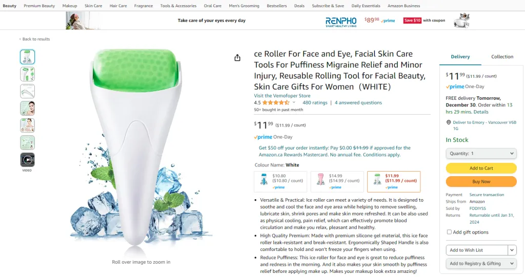 Screenshot from face roller product listing