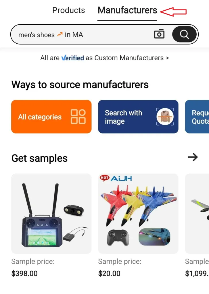 Searching for manufacturers on the Alibaba.com APP