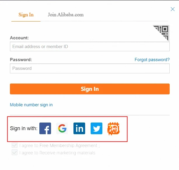 Signing in to Alibaba.com via the mobile application
