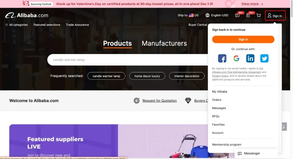 Fazendo login no Alibaba.com através do site oficial