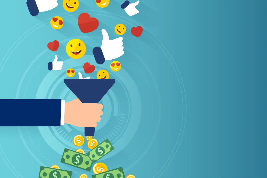 Social-Media-Trichter, bei dem Likes in Geld umgewandelt werden