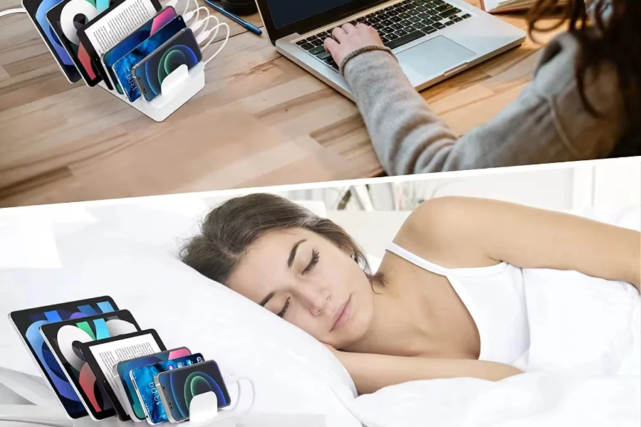 Wired charging station in two locations – bedside table and on a desk