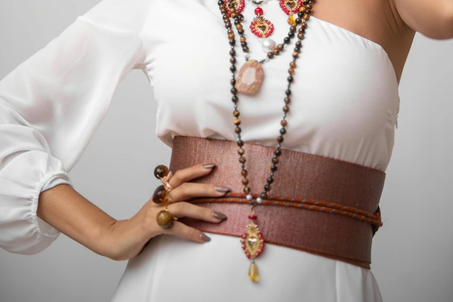 Woman wearing obi waist belt for dress