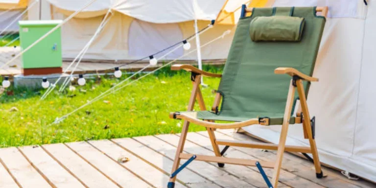Wooden heavy duty camping chair with green fabric
