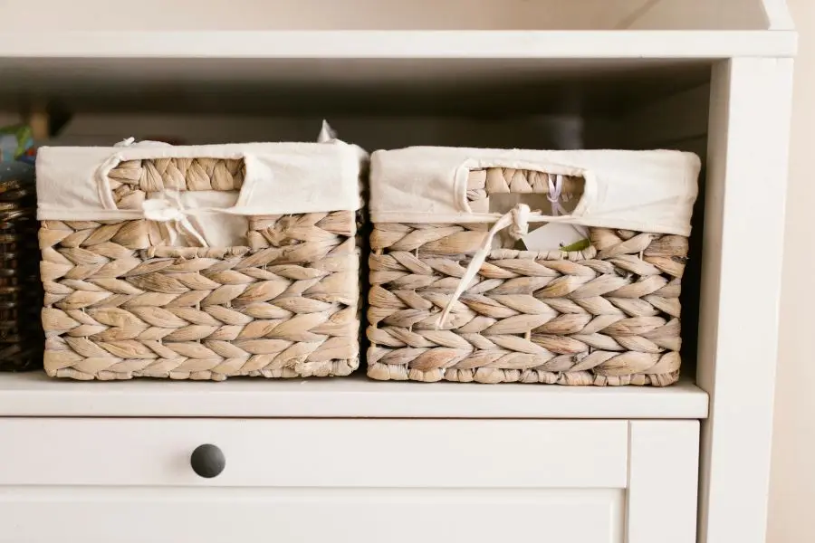 Woven baskets on a shelf