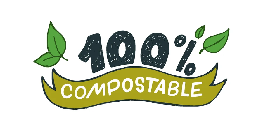 100 % Compostable hand drawn lettering inscription decorated with green leaves