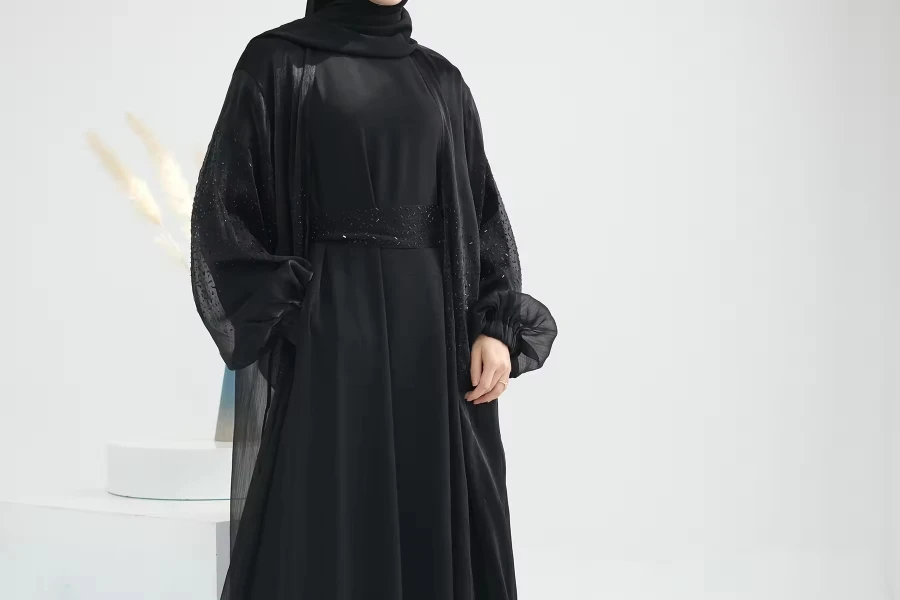 3. Conjunto luxuoso de chiffon abaya com miçangas, moderno e tradicional