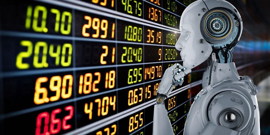 3D-Rendering humanoider Roboter analysiert den Aktienmarkt