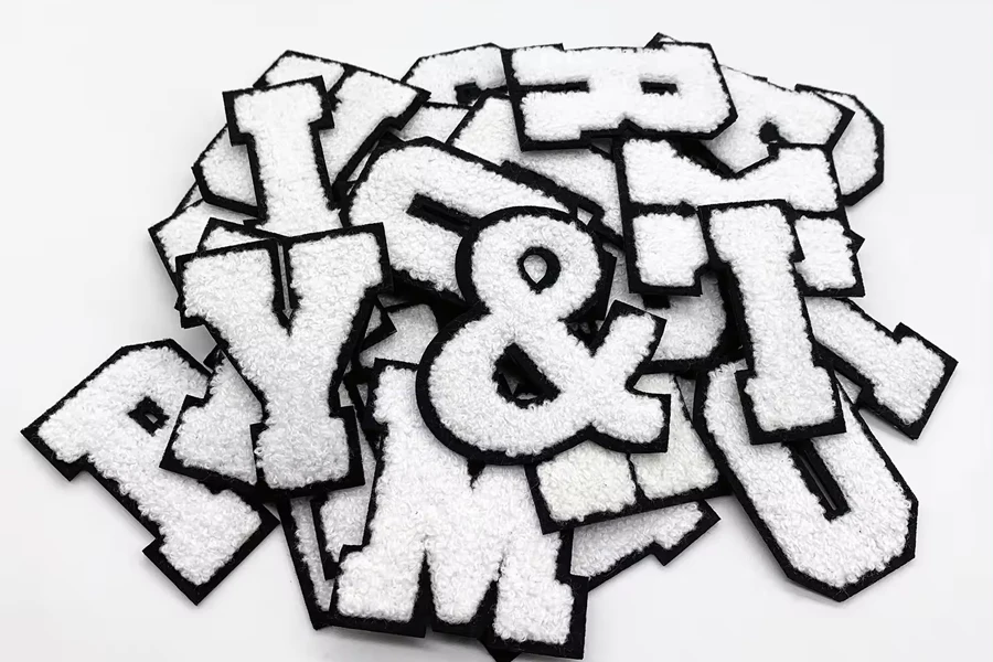 8. Wholesale Chenille White Symbol Letter Patches for Hoodies