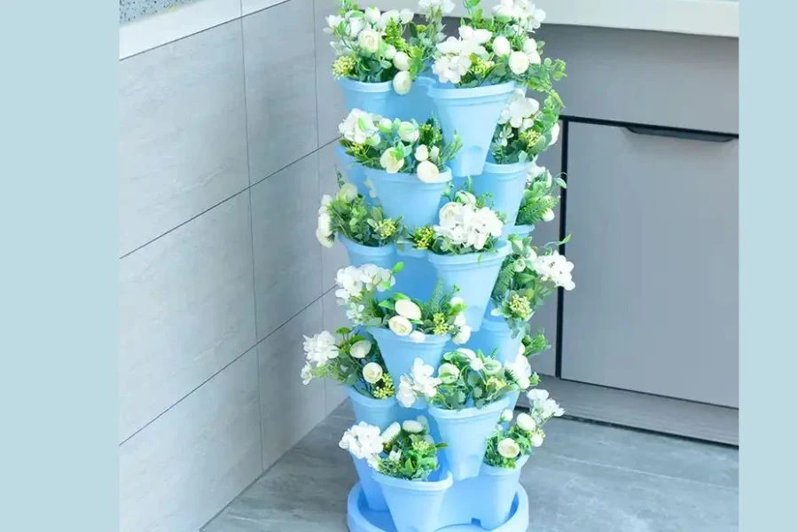 A 5-tiered self-watering stackable planter system