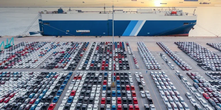 Aerial view vehicle carrier vessel loading car for shipping to worldwide