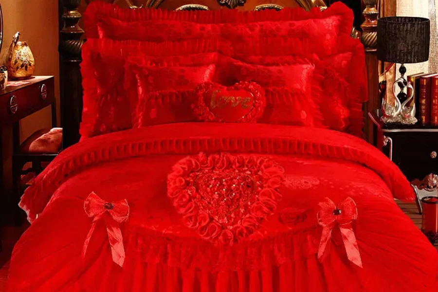 Colcha de casamento plissada rosa de renda bordada estilo americano