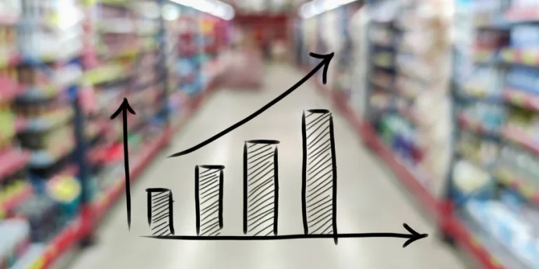 Arrow growing on abstract blurred image of supermarket background