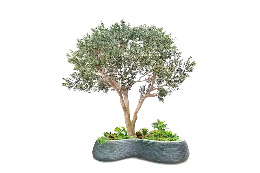 Artificial olive tree in a sculptural planter