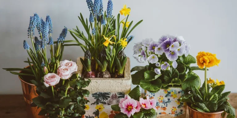 Assorted flowers blooming in planters